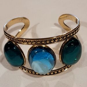 Elegant Temple St. Clair For Target Gold Cuff Bracelet W/ Blue & Green Gemstones